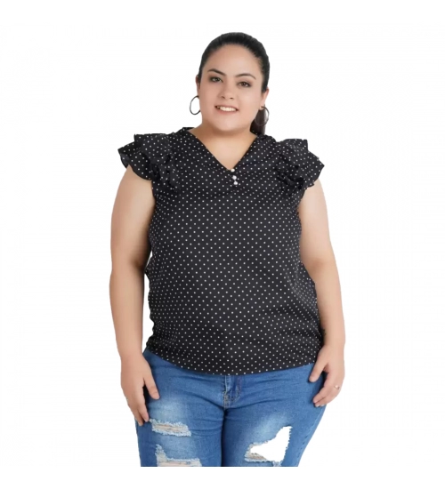 Women's Casual Flutter Sleeve Polka Print Black Top (Color:Black, Material:Crepe)
