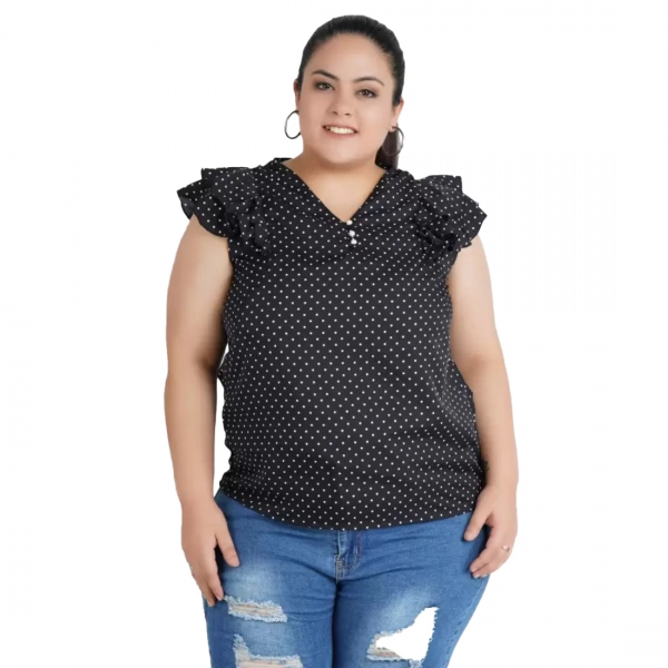 Dropship Women's Casual Flutter Sleeve Polka Print Black Top (Color:Black, Material:Crepe)