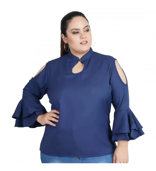 Women's Casual Bell Sleeve Solid Blue Top (Color:Blue, Material:Crepe)