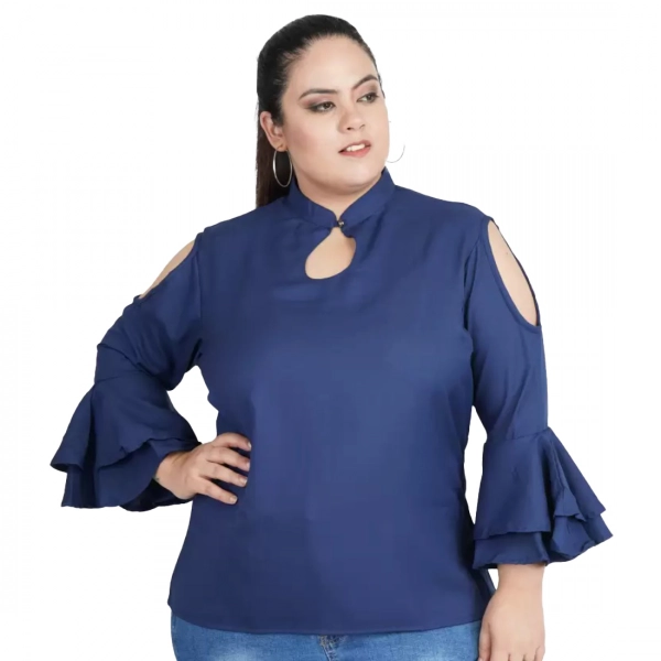 Dropship Women's Casual Bell Sleeve Solid Blue Top (Color:Blue, Material:Crepe)