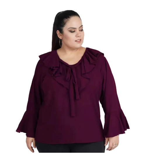 Women's Casual Bell Sleeve Solid Purple Top (Color:Purple, Material:Georgette)