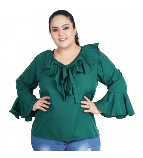 Women's Casual Bell Sleeve Solid Green Top (Color:Green, Material:Georgette)