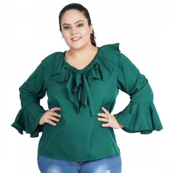 Dropship Women's Casual Bell Sleeve Solid Green Top (Color:Green, Material:Georgette)