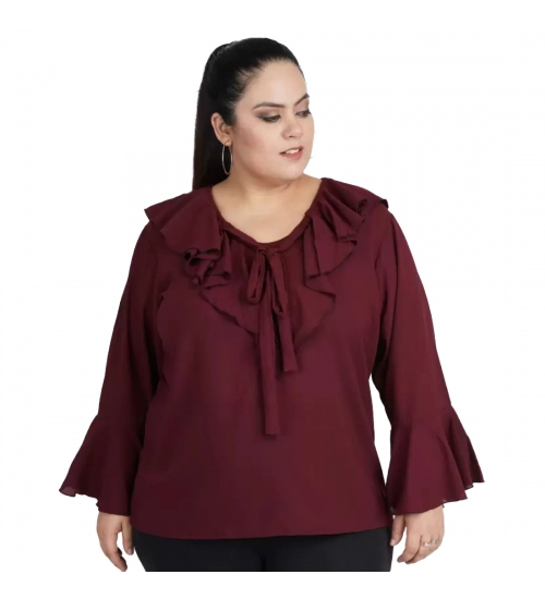 Women's Casual Bell Sleeve Solid Maroon Top (Color:Maroon, Material:Georgette)