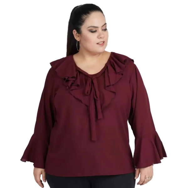 Dropship Women's Casual Bell Sleeve Solid Maroon Top (Color:Maroon, Material:Georgette)