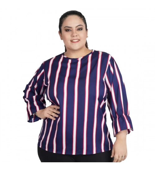 Women's Casual Bell Sleeve Striped Blue Top (Color:Blue, Material:Crepe)