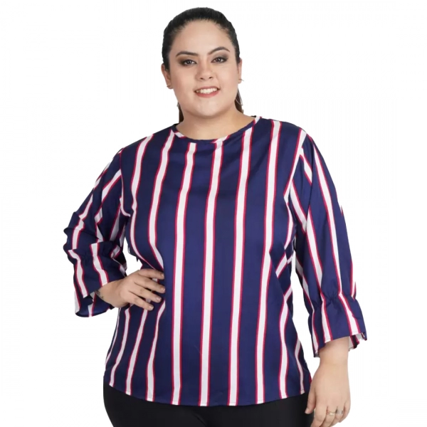Dropship Women's Casual Bell Sleeve Striped Blue Top (Color:Blue, Material:Crepe)