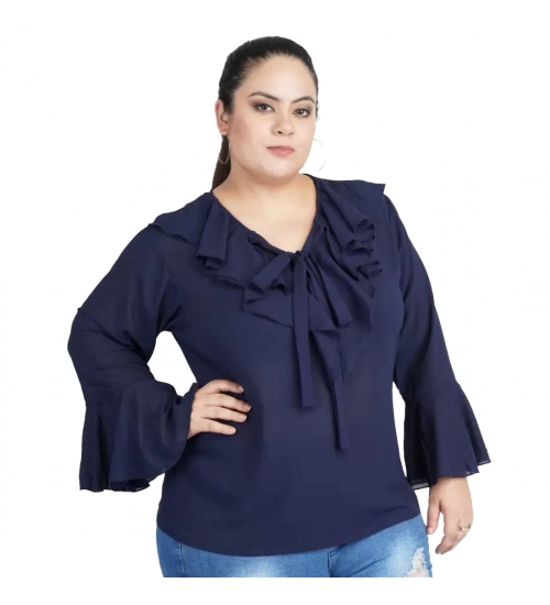 Women's Casual Bell Sleeve Solid Blue Top (Color:Blue, Material:Georgette)