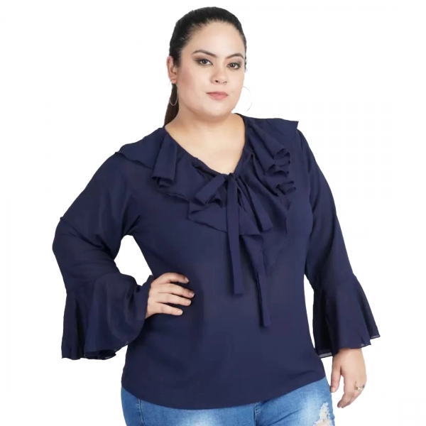 Dropship Women's Casual Bell Sleeve Solid Blue Top (Color:Blue, Material:Georgette)