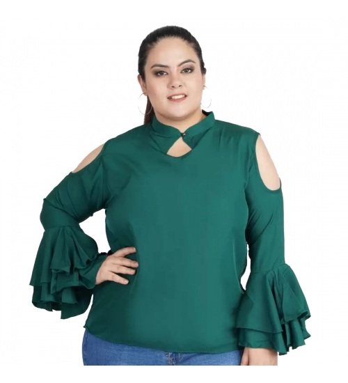 Women's Casual Bell Sleeve Solid Green Top (Color:Green, Material:Crepe)