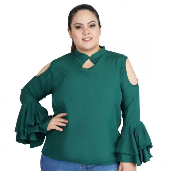 Dropship Women's Casual Bell Sleeve Solid Green Top (Color:Green, Material:Crepe)