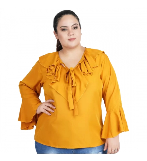 Women's Casual Bell Sleeve Solid Yellow Top (Color:Yellow, Material:Georgette)