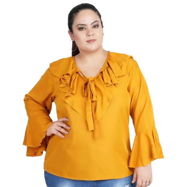 Dropship Women's Casual Bell Sleeve Solid Yellow Top (Color:Yellow, Material:Georgette)