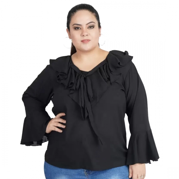 Dropship Women's Casual Bell Sleeve Solid Black Top (Color:Black, Material:Georgette)