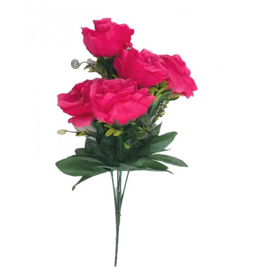 Artificial Flowers Bunch Bouquet Of 5 Roses For Home Decoration (Dark Pink, Material:Silk, Polyester)