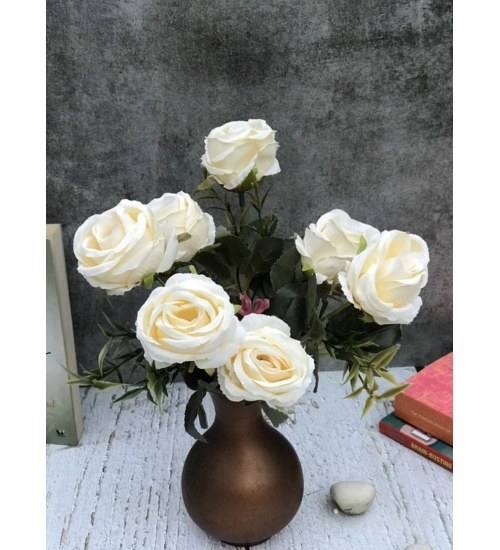 Artificial Flowers Bunch Bouquet Of 5 Vintage Garden Roses For Home Decoration (White, Material:Silk, Polyester)