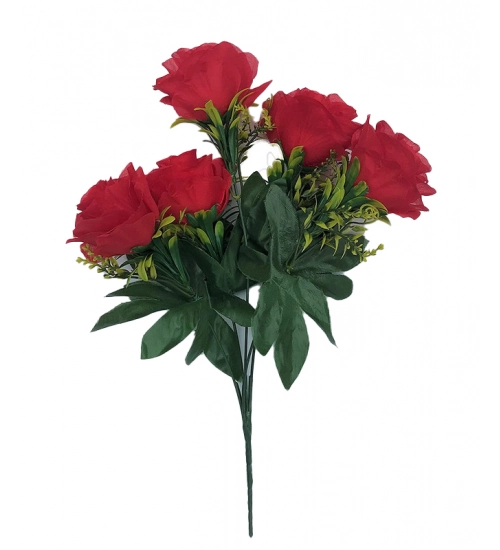 Artificial Flowers Bunch Bouquet Of 5 Roses For Home Decoration (Red, Material:Silk, Polyester)