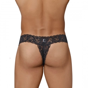 Generic Men's Lycra Blend Lace Lace Underwear G String Style Underwear (Black)