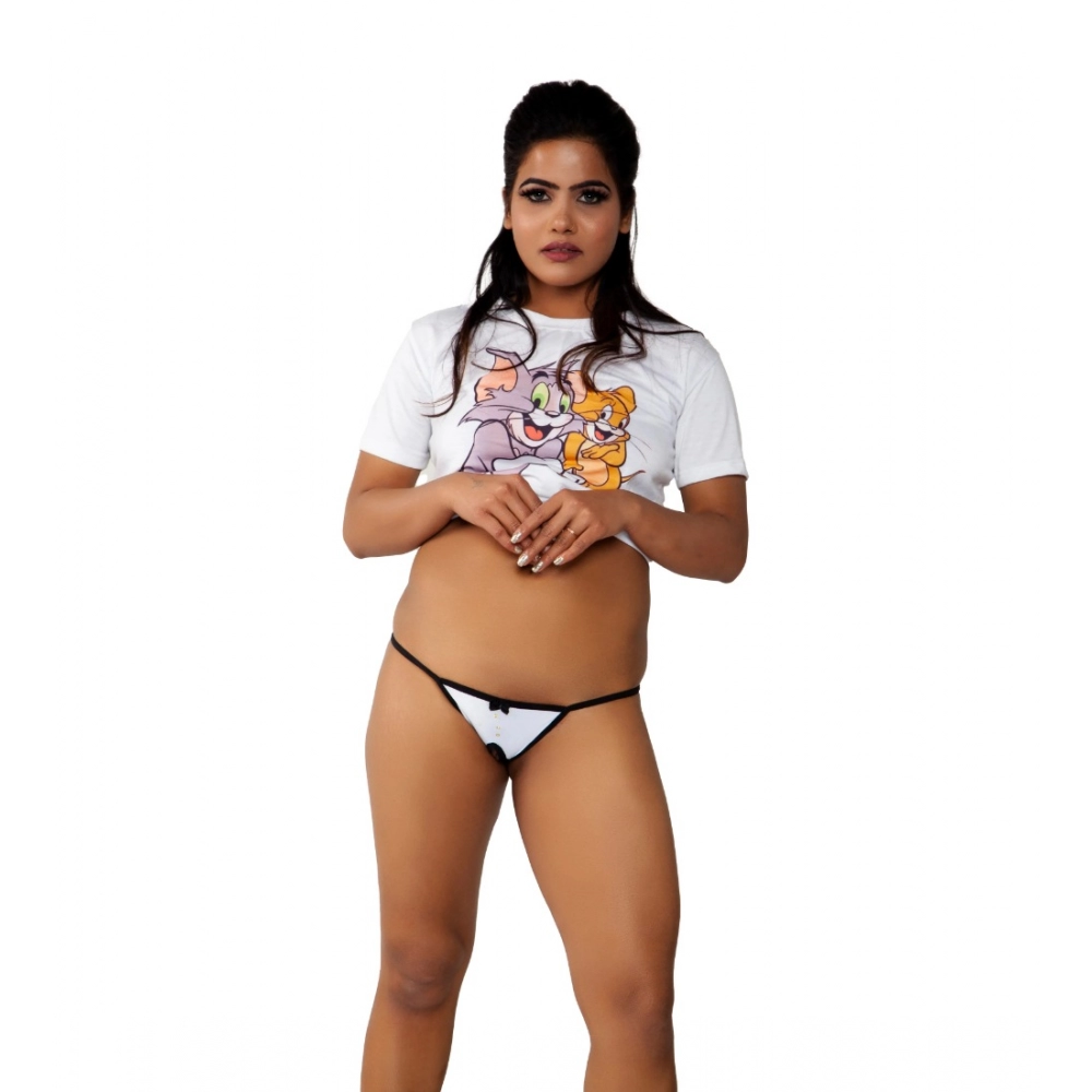 Generic Women's Cotton Melange Tuxedo Crotch Less G String Panty (White And Black)