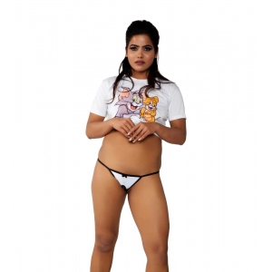 Generic Women's Cotton Melange Tuxedo Crotch Less G String Panty (White And Black)