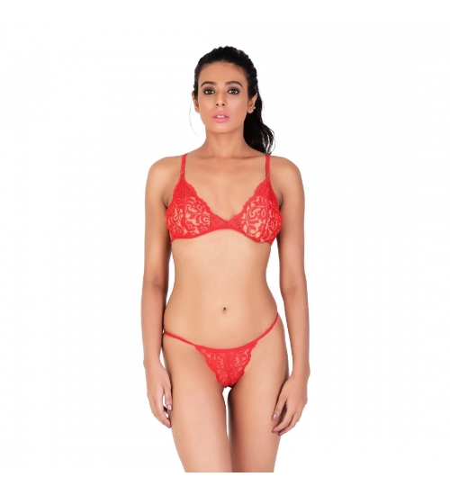 Women's Lace Special Moment Tanga Lingerie Bra Panty Set (Red)
