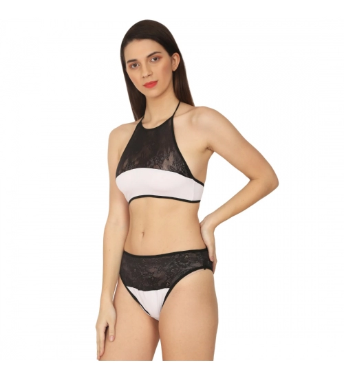 Women's Cotton Lace Halter Neck Lingerie Black Lace And White Color (White And Black)