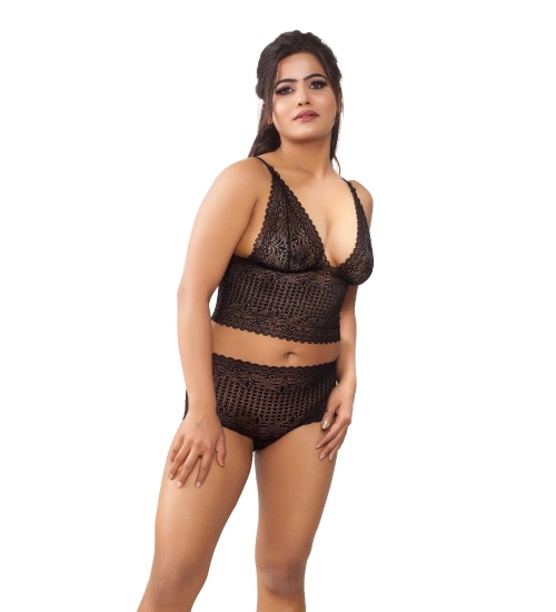 Women's Lace Black Lingerie Bra And Panty Set (Black)