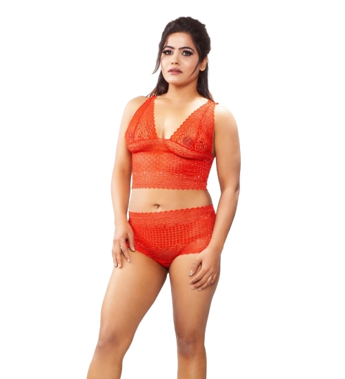 Women's Lace Bra And Panty Set Self Design Lingerie Set (Red)