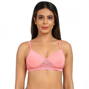 Generic Women's Cotton Blend Lightly Padded T Shirt Bra With Lace (Pink)