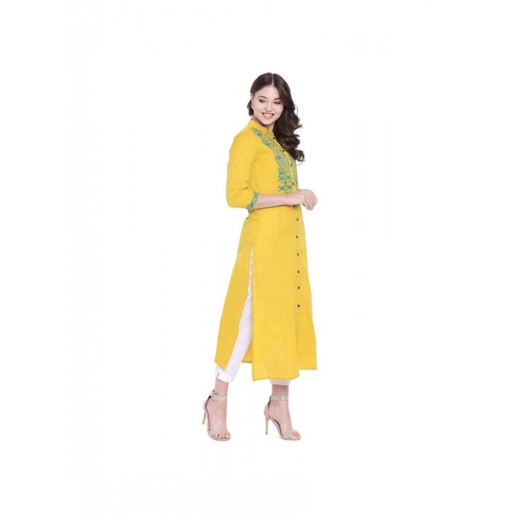 Women's Khadi Embroidered Kurti (Yellow, Khadi)