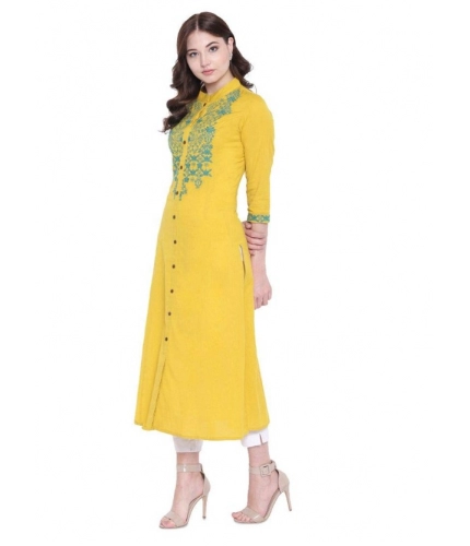 Women's Khadi Embroidered Kurti (Yellow, Khadi)