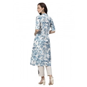 Generic Women's Cotton Printed Floral Print Kurti (White, Blue, Cotton)