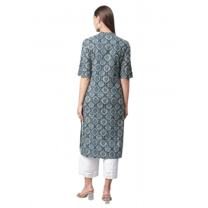 Generic Women's Cotton Printed Straight Kurti (Blue, Cotton)
