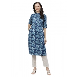 Generic Women's Cotton Printed Straight Kurti (Blue, Cotton)