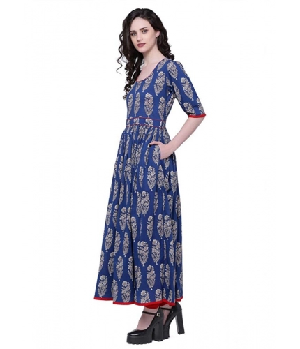 Women's Cotton Printed Anarkali Kurti (Blue, Cotton)