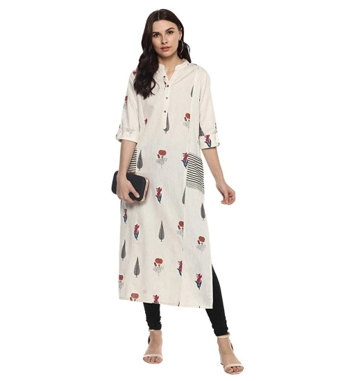 Women's Khadi Printed A Line Kurti (Off White, Khadi)