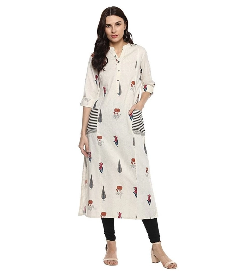 Women's Khadi Printed A Line Kurti (Off White, Khadi)
