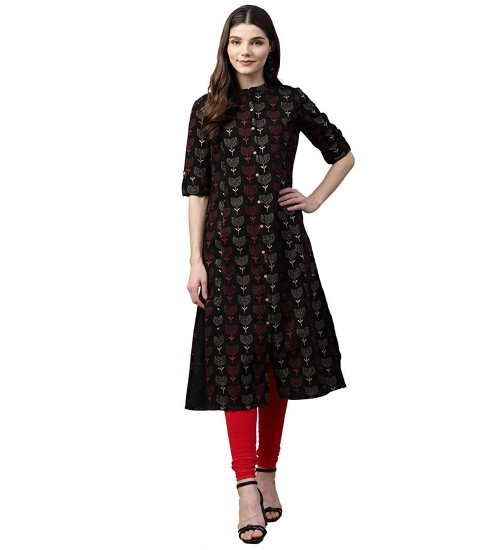Women's Cotton Printed A Line Kurti (Black, Cotton)