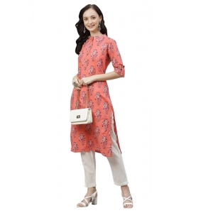 Generic Women's Cotton Printed Straight Kurti (Peach, Cotton)