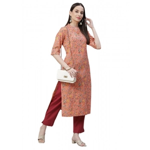Generic Women's Cotton Printed Straight Kurti (Peach, Cotton)
