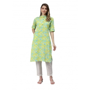 Generic Women's Cotton Printed Straight Kurti (Yellow, Green, Cotton)