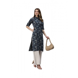 Generic Women's Cotton Printed Straight Kurti (Navy Blue, Cotton)