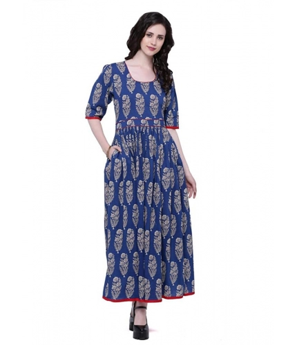 Women's Cotton Printed Anarkali Kurti (Blue, Cotton)
