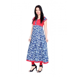 Generic Women's Cotton Printed Long Kurti (Blue, Red, Cotton)