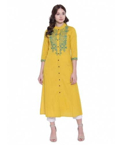 Women's Khadi Embroidered Kurti (Yellow, Khadi)