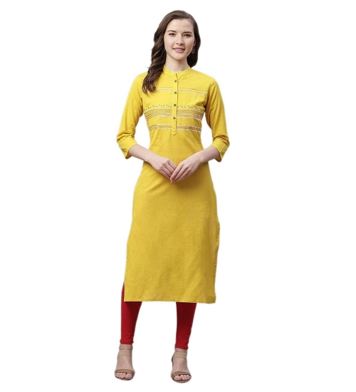 Women's Pure Cotton Printed Straight Kurti (Yellow, Pure Cotton)