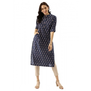 Generic Women's Cotton Printed Straight Kurti (Navy Blue, Cotton)