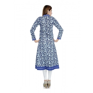 Generic Women's Cotton Printed Long Kurti (White, Blue, Cotton)