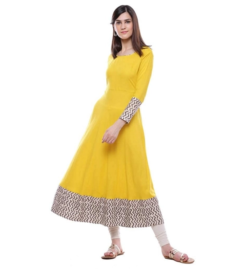 Women's Rayon Printed Solid Anarkali Kurti (Yellow, Rayon)