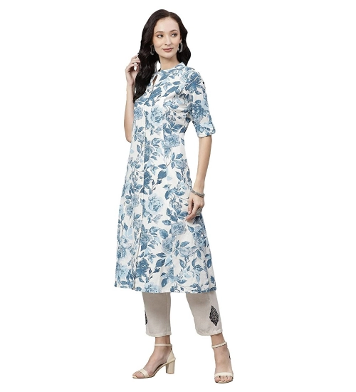 Women's Cotton Printed Floral Print Kurti (White, Blue, Cotton) Women's Cotton Printed Floral Print Kurti (White, Blue, Cotton)